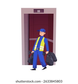 Man cleaner worker exits elevator with trash bags. Vector flat illustration isolated on white background. Metallic grey lift sliding doors. Guy in uniform used lift elevator
