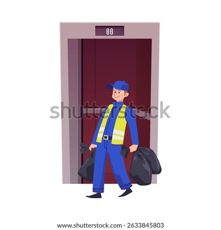 Man cleaner worker exits elevator with trash bags. Vector flat illustration isolated on white background. Metallic grey lift sliding doors. Guy in uniform used lift elevator
