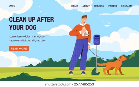 Man cleaning up after his dog in a park, holding a waste bag, standing by a disposal bin. Flat graphic style on a bright outdoor background. Environmental care concept. Vector illustration