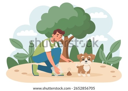 Man cleaning up after his dog in the park. Clean up after your dog. Dog owner cleaning up dog waste. Illustration.