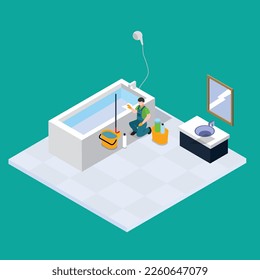 Man cleaning bathroom bathtub 3d isometric vector illustration concept for banner, website, landing page, ads, flyer template