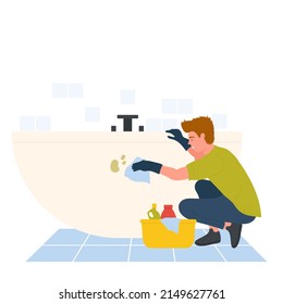Man cleaning bathroom bathtub. House chores, housekeeping service, home hygiene vector illustration