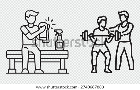 Man cleaning bench and trainer spotting weightlifter icons