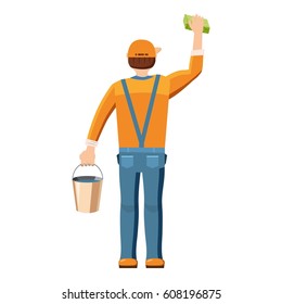 Man cleaning with bucket and sponge back view icon. Cartoon illustration of man cleaning with bucket and sponge back view vector icon for web