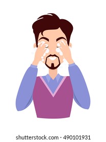 Man cleaning and care her face, facial, treatment, beauty, healthy, hygiene, lifestyle. Cleaning makeup. Skin care. Handsome man in process of washing face. Man in purple sweater. Vector illustration