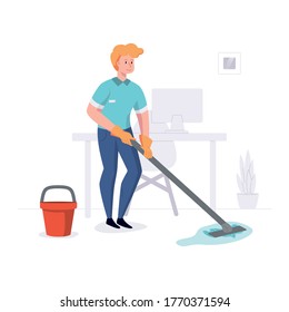 Man from cleaning company staff cleans the office with a mop with water. Vector illustration in a flat style