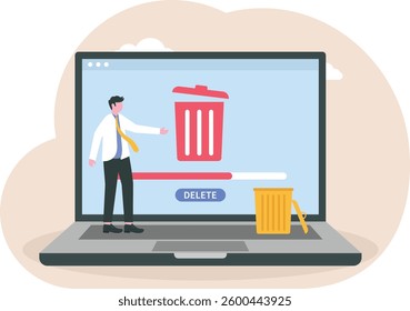 Man cleaning computer, pc, laptop with trash can sign. User removing folder with document to waste bin. Concept of delete file, cleaning computer, removing process. Flat vector illustration for UI

