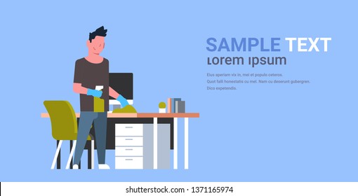 man cleaning computer table with duster guy wiping workplace desk housework concept male cartoon character full length flat horizontal copy space