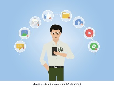Homem limpando dados digitais no smartphone. Conceito de limpeza digital plano com homem segurando smartphone e vários ícones de aplicativo ao redor dele marcado para exclusão. Privacidade e imagens de armazenamento. Ilustração vetorial