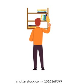 Man cleaning up dust from book shelves, cleaner dusting bookshelf on the wall standing facing away - male cartoon character doing house chores - isolated flat vector illustration