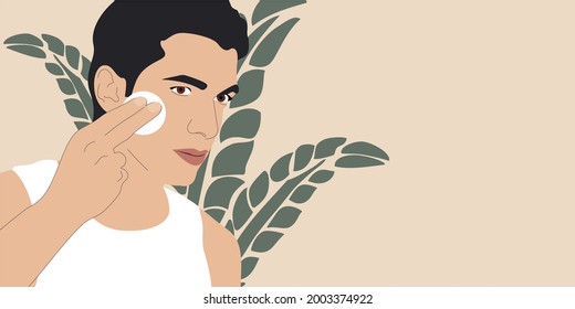 Man cleaning face skin with batting cotton pad. Beautiful young guy using cotton pad after shave. Men's skin care routine concept. Vector illustration.
