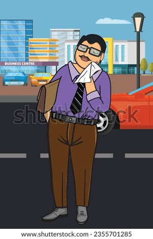 Man cleaning face skin with wet tissue.Man standing in traffic and clean his face in summer. Vector illustration.