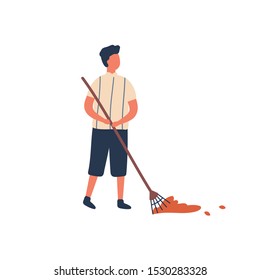 Man cleaning fallen leaves flat vector illustration. Young rancher, farm worker cartoon character. Farmer holding garden rakes isolated on white background. Seasonal farming chores, rural lifestyle.