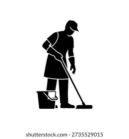 Man cleaning floor with mop and bucket silhouette