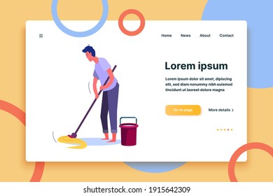 Man cleaning floor with mop. Washing floor flat vector illustration. Housework, domestic routine concept for banner, website design or landing web page