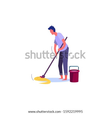 Man cleaning floor with mop. Washing floor flat vector illustration. Housework, domestic routine concept for banner, website design or landing web page