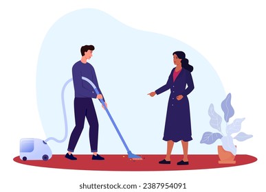 Man cleaning the floor with vacuum cleaner.  Woman showing what to do. Making orders. Cleaning the apartment.  Service. Married life. Marriage. Flat vector illustration.