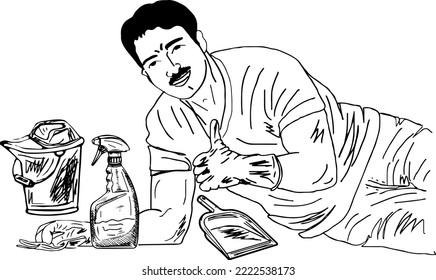 Man cleaning floor vector and illustration, housekeeping and cleaning concept sketch drawing, wiping dust using a spray and a duster while cleaning on floor at home clip art and symbol