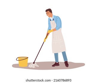 Man Cleaning Floors With A Mop And Bucket. Happy Guy Staff Wears Apron. Professional House And Office Cleaner, Worker. Flat Cartoon Vector Illustartion Isolated On White Background