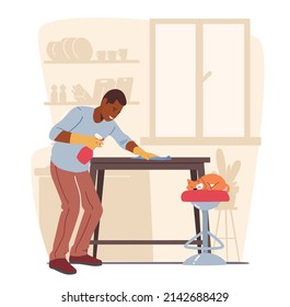 Man Cleaning Furniture with Duster and Water Sprayer, Wiping Table at Home during Weekend. Male Character Dusting Modern Apartment Interior, Housework Concept. Cartoon Vector Illustration