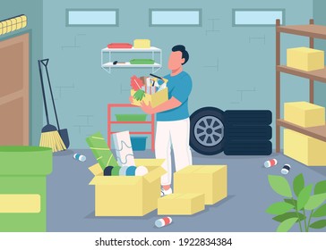 Man cleaning a Garage, flat color vector illustration. Household decluttering. Spring cleaning. Home chores. Man with washing equipment 2D cartoon character with messy basement in background
