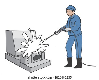 A man cleaning a grave stone.