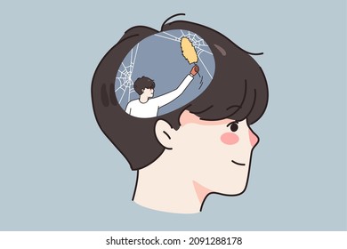 Un hombre limpiando la cabeza quitando la telaraña. Concepto de psicoterapia y asesoramiento. El psicólogo o psicoterapeuta ayudan a las personas con depresión o trastorno mental. Ilustración vectorial plana. 