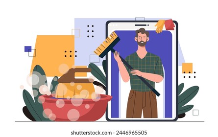 Man cleaning home concept. Young guy with brushing and hot water with soap bubbles. Cleanliness and hygiene. Household chores and routine. Cartoon flat vector illustration isolated on white background