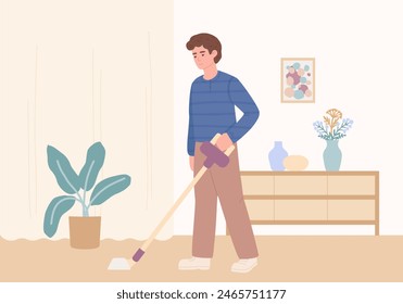 Man cleaning home with vertical vacuum cleaner. Person making cleanup room. Male housework, housekeeping. Flat vector illustration 