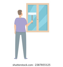 Man cleaning home window icon cartoon vector. Glass cleaning tool. Disinfecting spray solution.