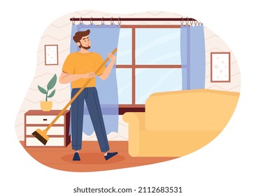 Man cleaning at home. Young attractive character holding swab in his hand. Hygiene and beauty, household chores and routine. Apartment, house, home and room. Cartoon flat vector illustration