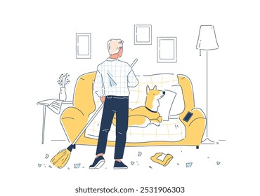 Homem com limpeza em casa. Jovem varre quarto e apartamento. Limpeza e higiene. Tarefas rotineiras e domésticas. Ilustração de vetor linear isolada no plano de fundo branco