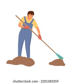 Hombre limpiando la casa. Trabajo en casa para la higiene. Una persona sonriente sosteniendo escoba y barriendo basura. Esposo en las tareas domésticas. Los hombres jóvenes trabajan en las tareas domésticas. Ilustración de dibujos animados. Vector.