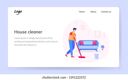 Man Cleaning house near sofa with mop. A sofa placed in the house besides the cleaner. Web illustration for hero banner. 