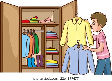 The man is cleaning the house, putting clean clothes in the closet. A young man is holding a shirt. Vector flat illustration isolated on a white background.