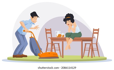 Man is cleaning up house. Woman is watching his. Illustration concept for mobile website and internet development.
