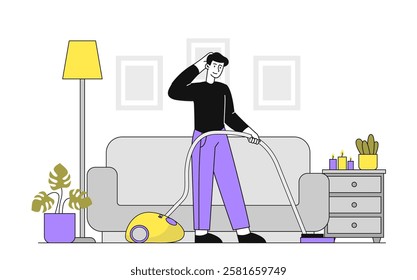 Man cleaning house. Young guy with vacuum cleaner removes dust. Cleanliness and hygiene, housekeeping. Routine and household chores. Domestic appliance. Linear vector illustration