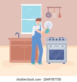 Man Cleaning In The Kitchen Cartoon