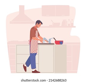 Man Cleaning Kitchenware, Household Activity, Domestic Chores and Hygiene Duties, Dishwashing Sanitary Process. Male Character Wash Dirty Plates on Kitchen Sink. Cartoon Vector Illustration