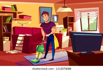 Man cleaning living room vector illustration of househusband or college boy with vacuum cleaner on carpet, Home service for modern or retro apartments interior with furniture, TV and sofa