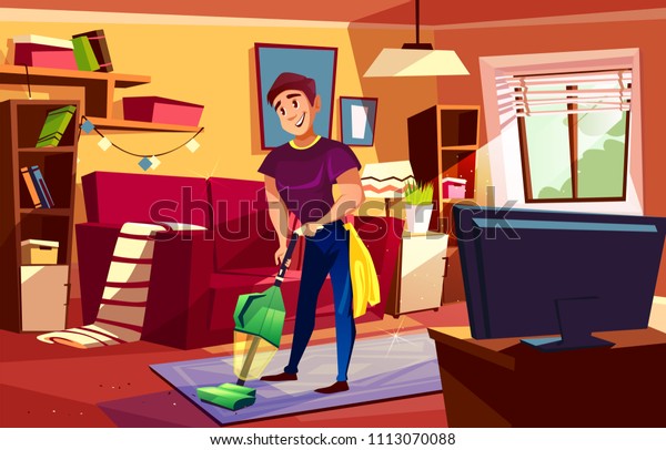 Man Cleaning Living Room Vector Illustration Stock Vector