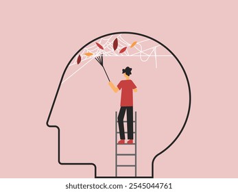 Hombre limpiando problemas de salud mental dentro del cerebro ilustración conceptual