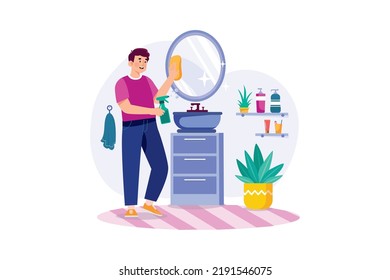 Man cleaning mirror in the bathroom