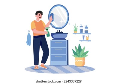 Man Cleaning Mirror In The Bathroom