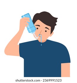 Man cleaning nose with saline in flat design on white background.