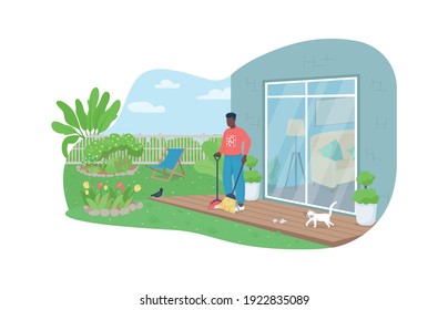 Man cleaning Outdoors, work concept. 2D vector web banner, poster. African American man sweeping porch with broom, flat character on cartoon background. Spring printable patch, colorful web element