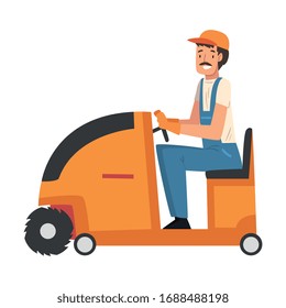 Man Cleaning and Polishing the Floor with Washing Machine, Professional Male Worker Character Dressed in Blue Overalls, Rubber Gloves and Cap, Cleaning Company Staff Vector Illustration