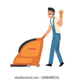 Man Cleaning and Polishing the Floor with Washing Machine, Professional Male Worker Character Dressed in Blue Overalls and Rubber Gloves, Cleaning Company Staff Vector Illustration