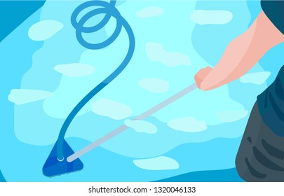 Man cleaning pool professional poster vector illustration