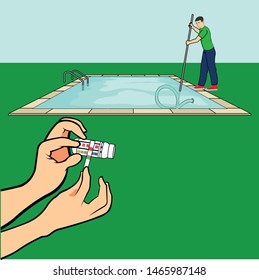 Man cleaning pool. Water acidity meter